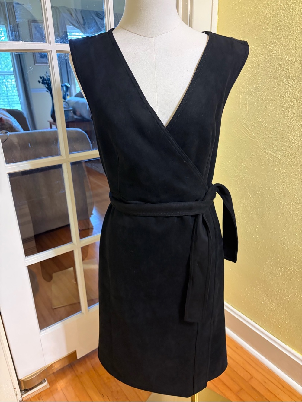 Ann Taylor Black Sleeveless Suede Dress with Waist Tie